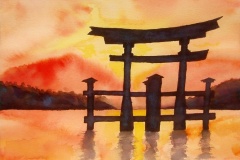 Torii of Itsukushima Shrine, Japan-16x20-watercolor on paper-Regina Petrecca
